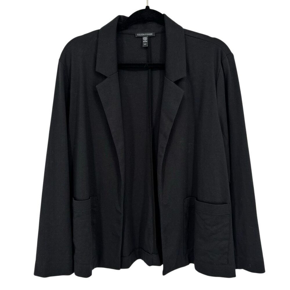 Eileen Fisher Black Open Front Blazer Jacket Organic Cotton Knit Size Medium‎